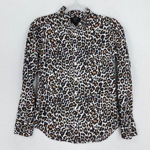 J Crew Shirt Womens 00 Black White Perfect Leopard Print Long Sleeve Linen Blend